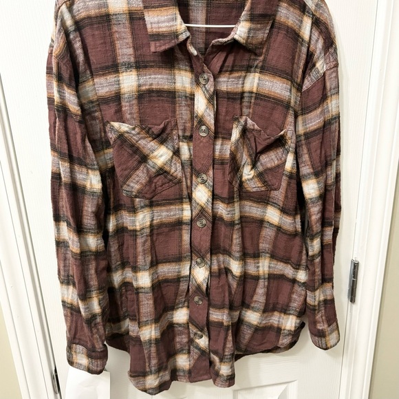 Maurices Cabin Plaid Brown Oversized Flannel Button Down Shirt Womens Size Large - Picture 4 of 8